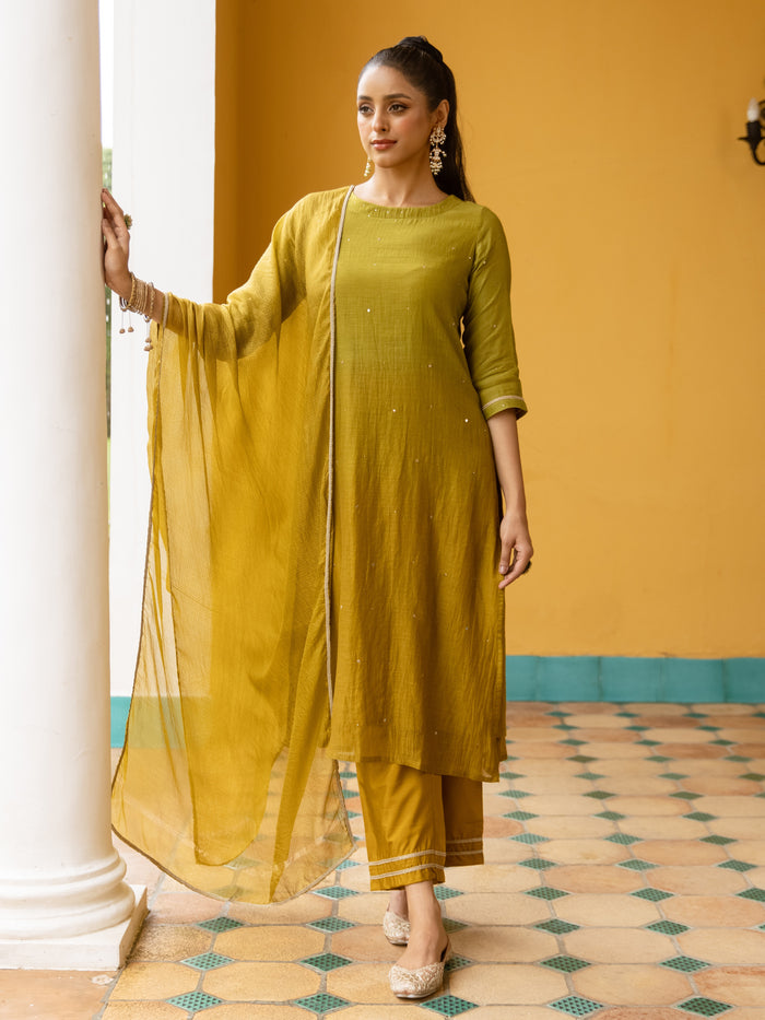 Ombre Green Mul Chanderi Complete Suit Set For Women's