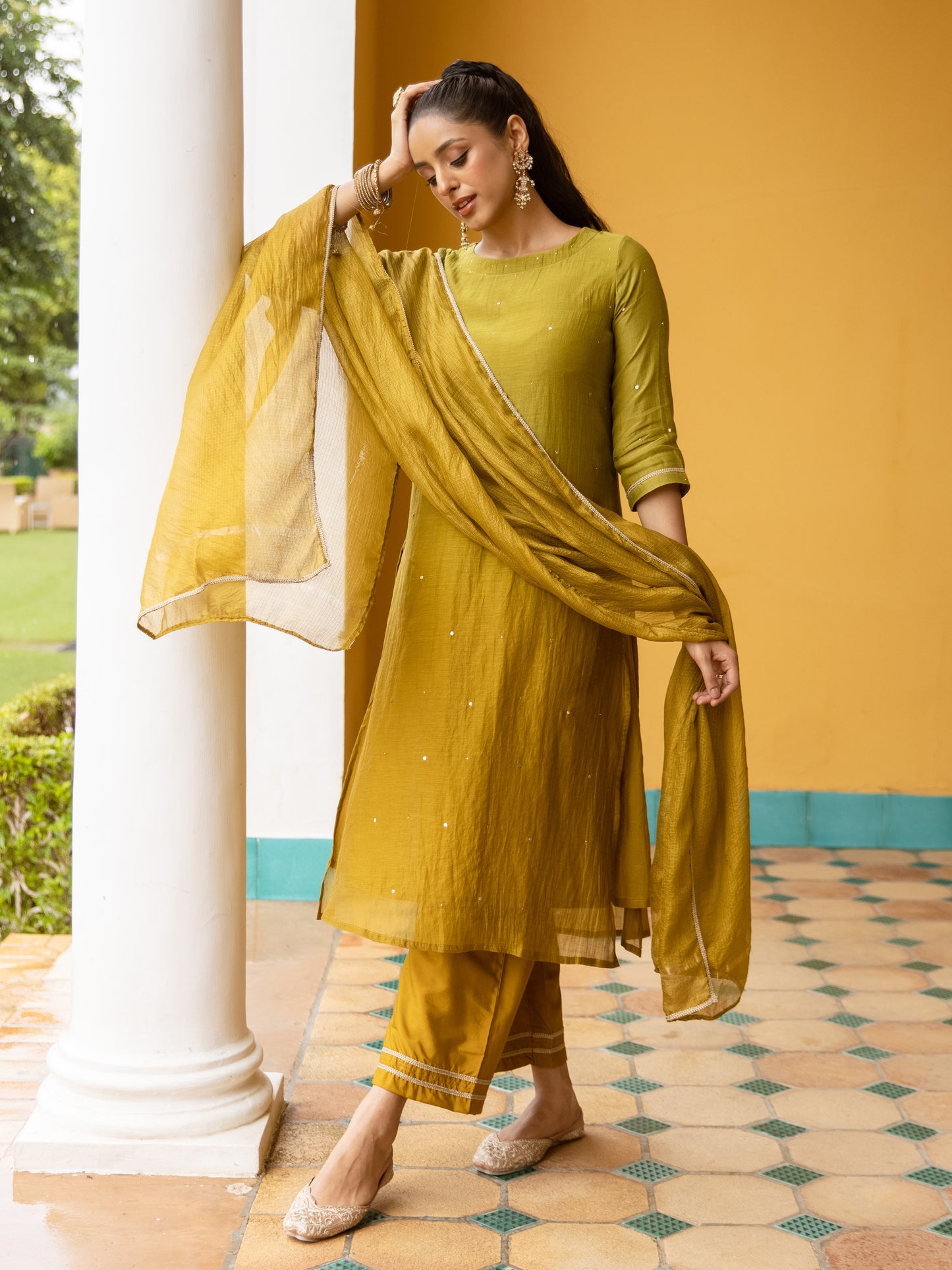 Ombre Green Mul Chanderi Complete Suit Set For Women's