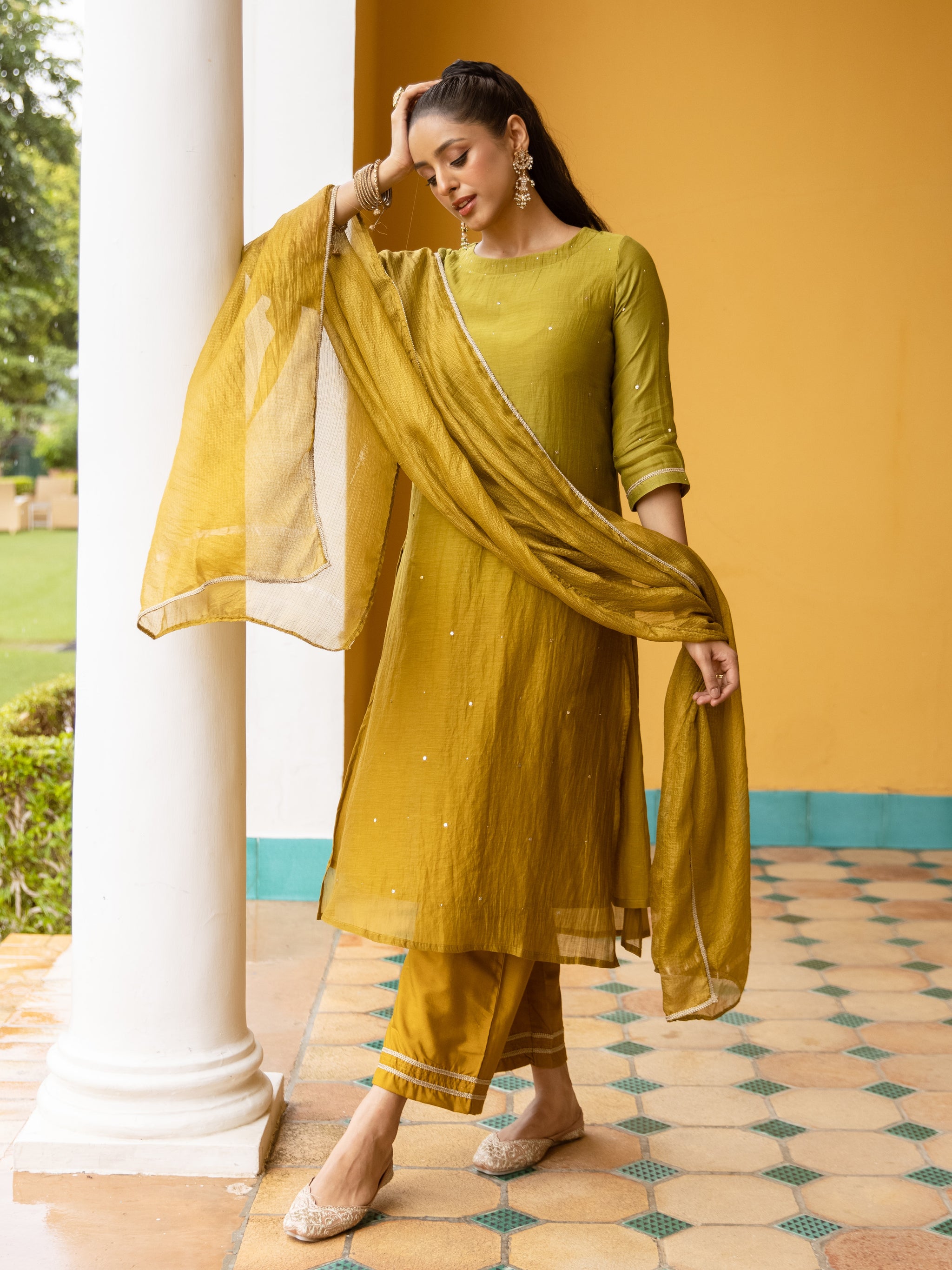 Ombre Green Mul Chanderi Complete Suit Set For Women's