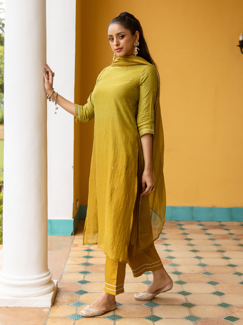 Ombre Green Mul Chanderi Complete Suit Set For Women's