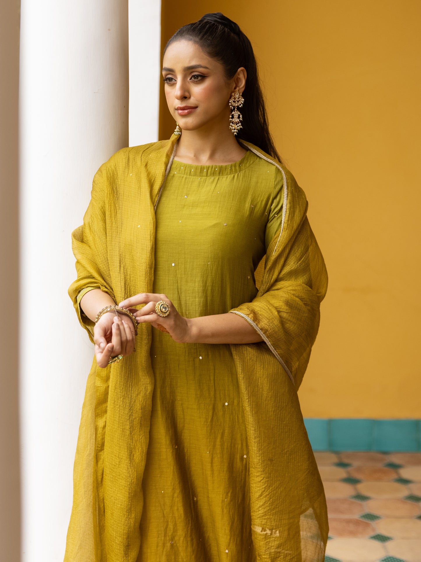 Ombre Green Mul Chanderi Complete Suit Set For Women's