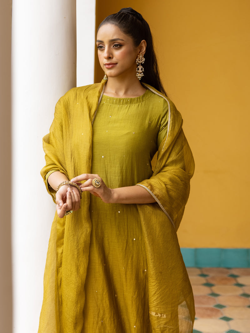 Ombre Green Mul Chanderi Complete Suit Set For Women's