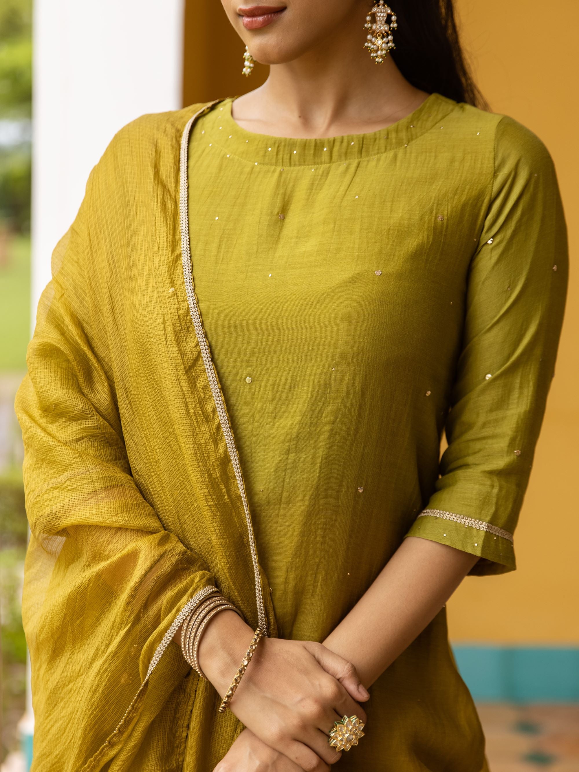 Ombre Green Mul Chanderi Complete Suit Set For Women's