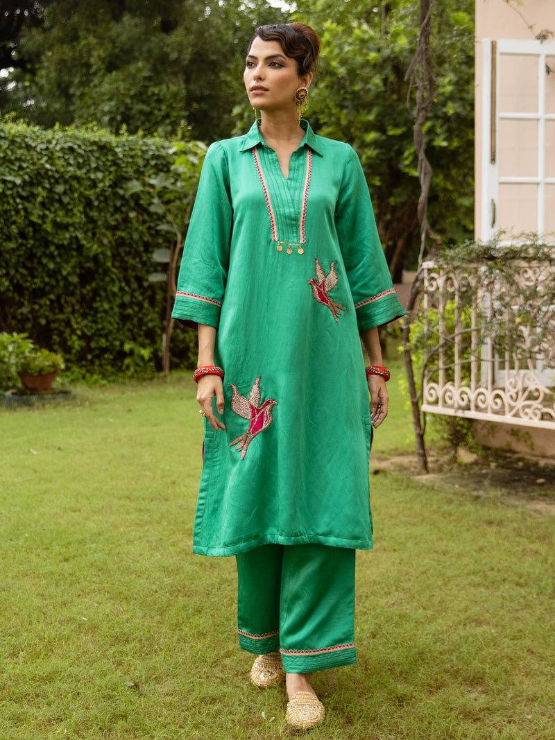 Green Linen Satin Collar Neck Kurta Pant set