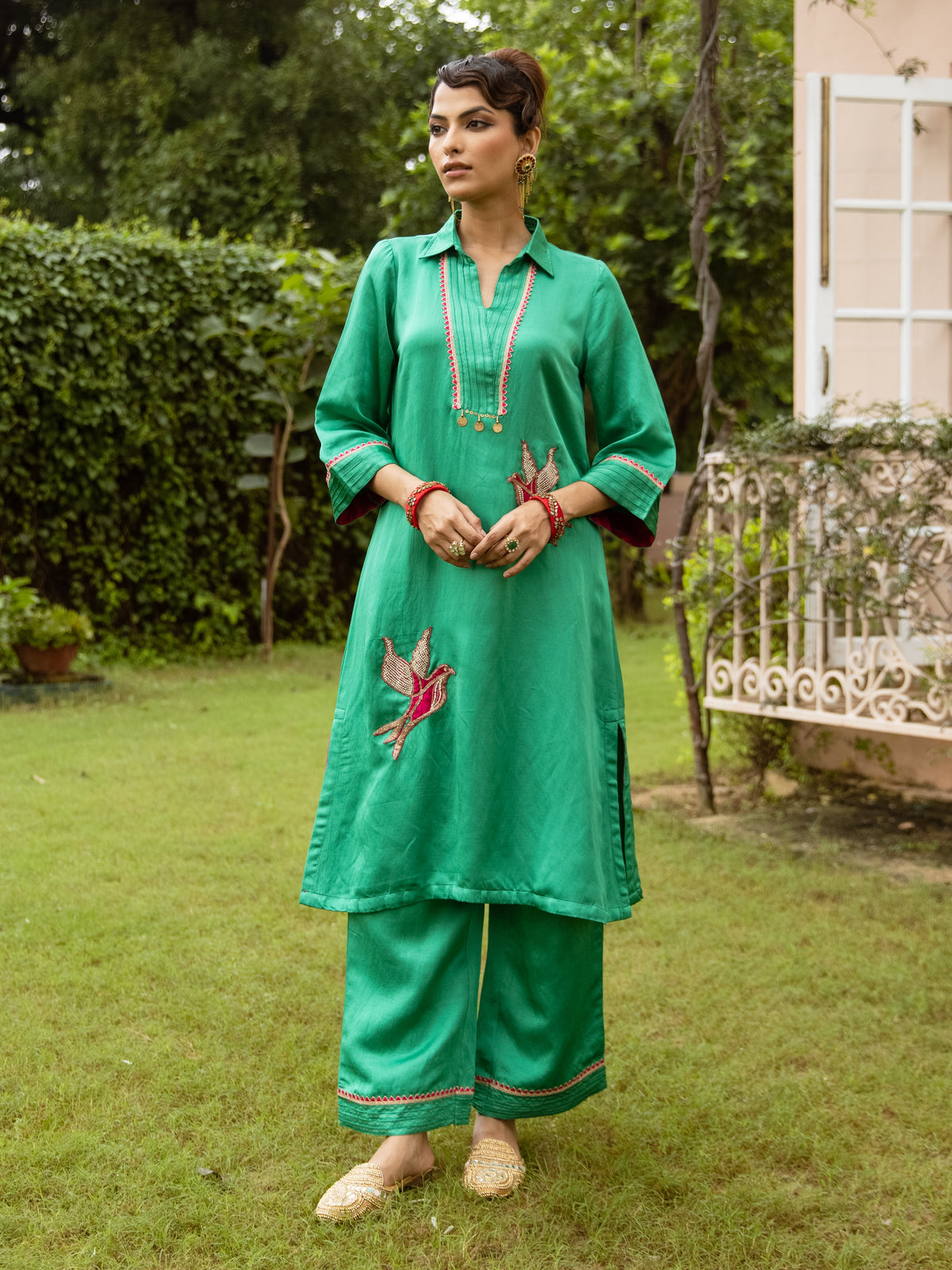 Green Linen Satin Collar Neck Kurta Pant set