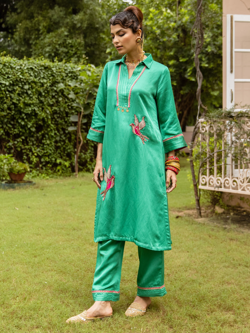 Green Linen Satin Collar Neck Kurta Pant set