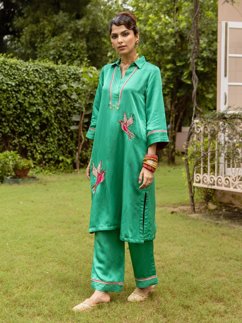Green Linen Satin Collar Neck Kurta Pant set