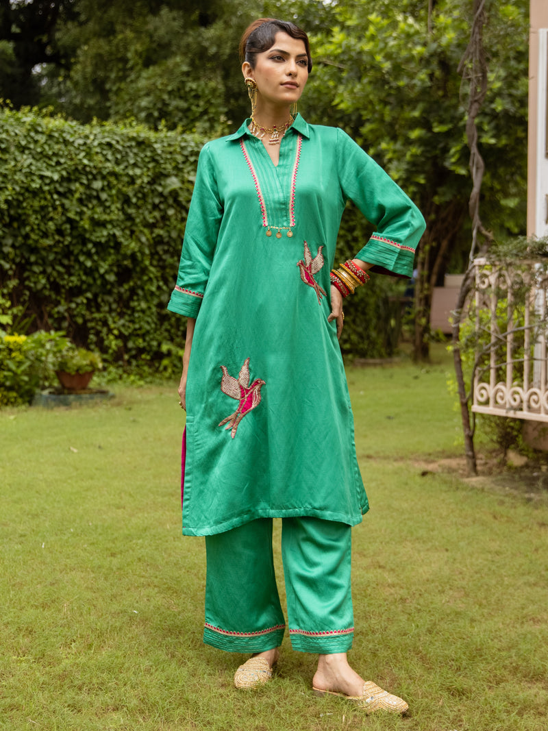 Green Linen Satin Collar Neck Kurta Pant set