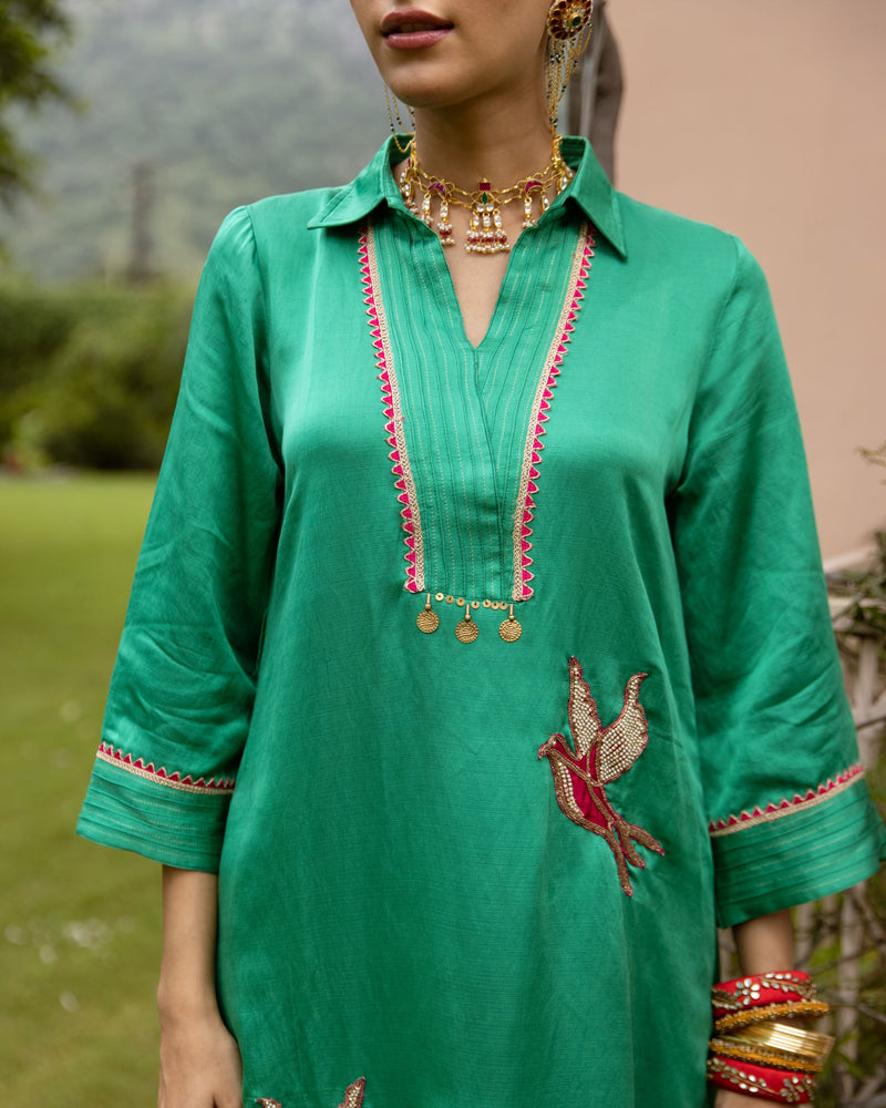 Green Linen Satin Collar Neck Kurta Pant set