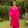 Magenta Linen Satin Round Neck Kurta Pant Set For Women's
