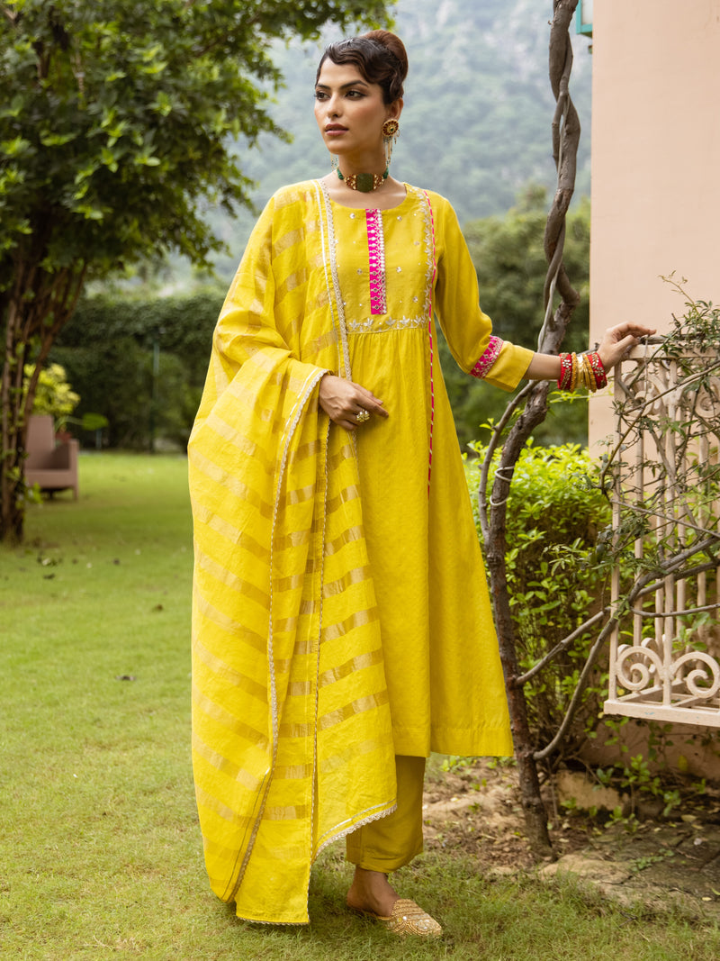 Yellow Chanderi Round Neck Complete Suit Set For Women's