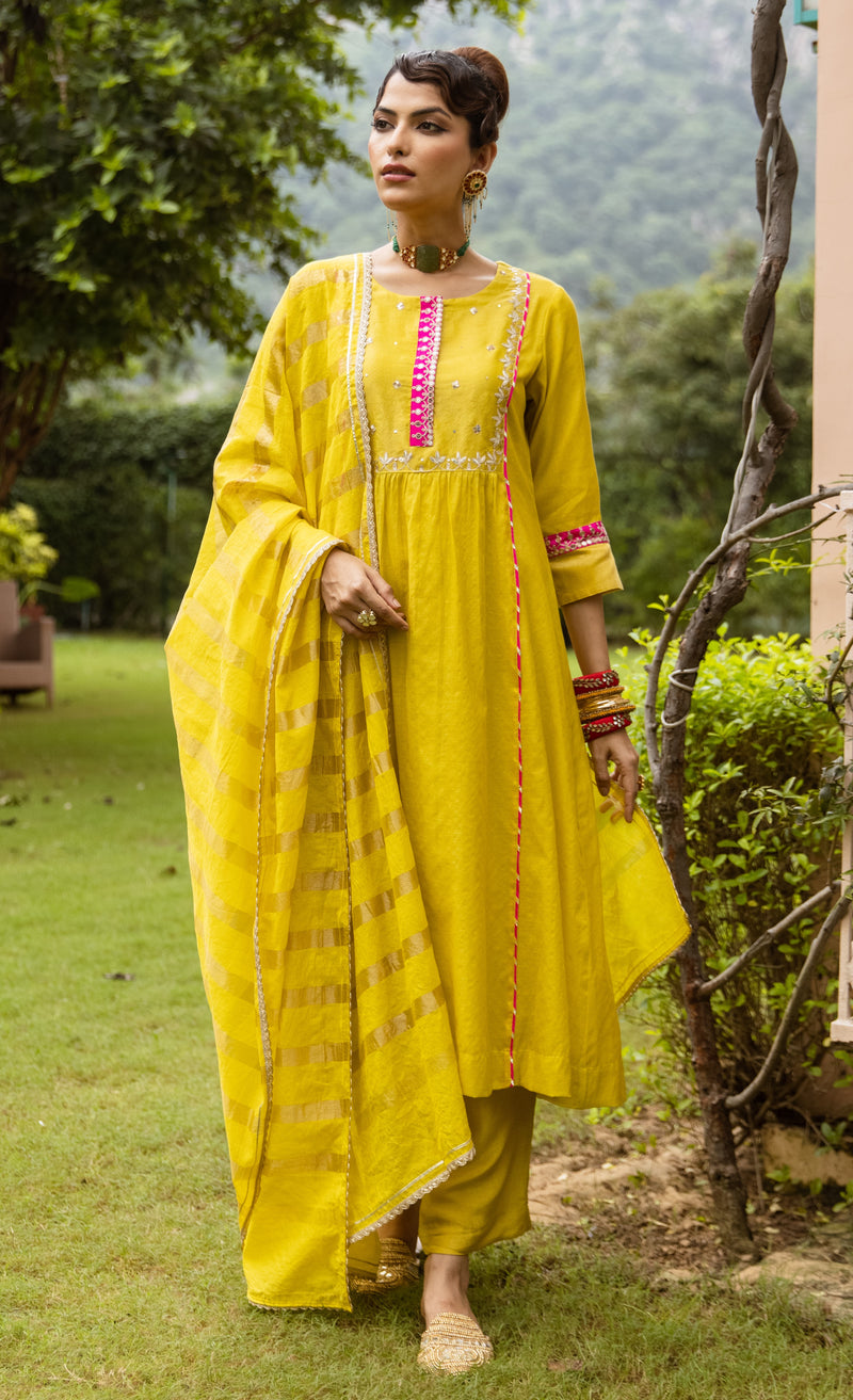 Yellow Chanderi Round Neck Complete Suit Set For Women's