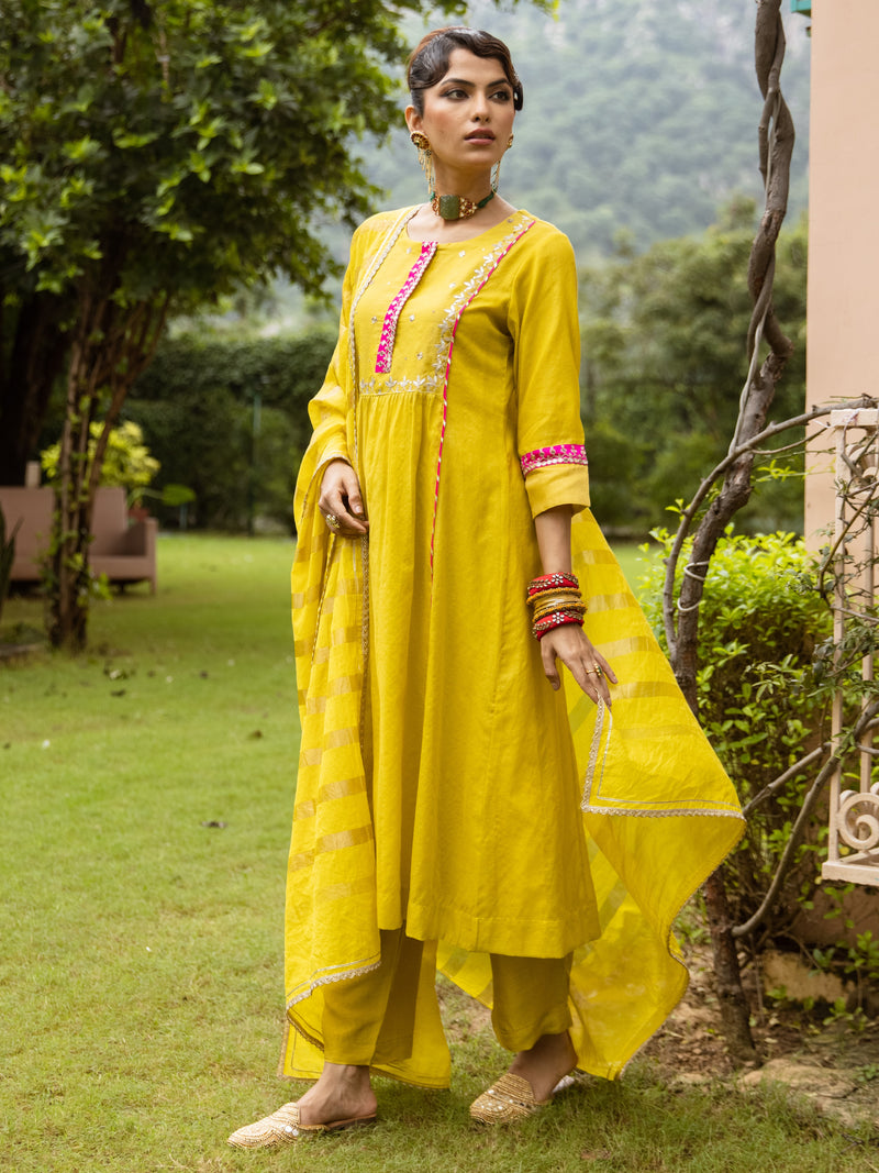 Yellow Chanderi Round Neck Complete Suit Set For Women's