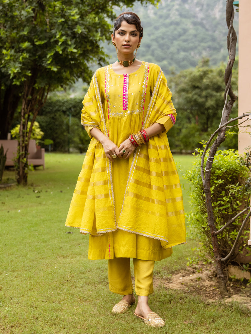 Yellow Chanderi Round Neck Complete Suit Set For Women's