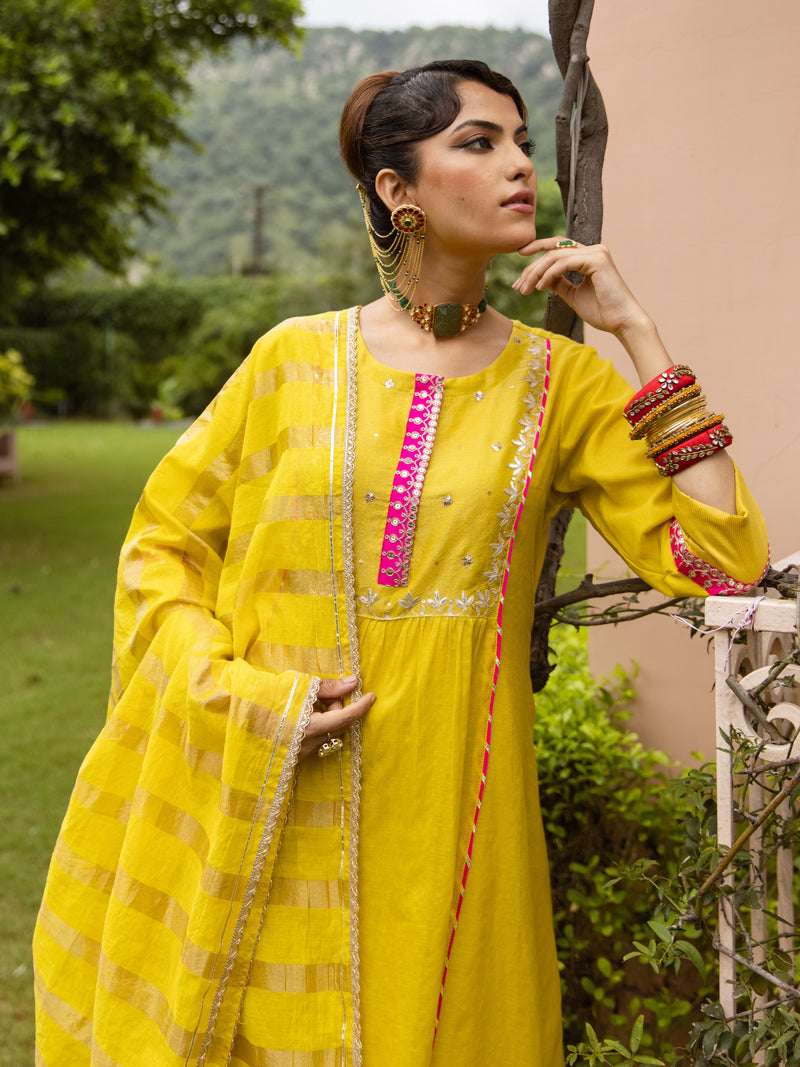 Yellow Chanderi Round Neck Complete Suit Set For Women's