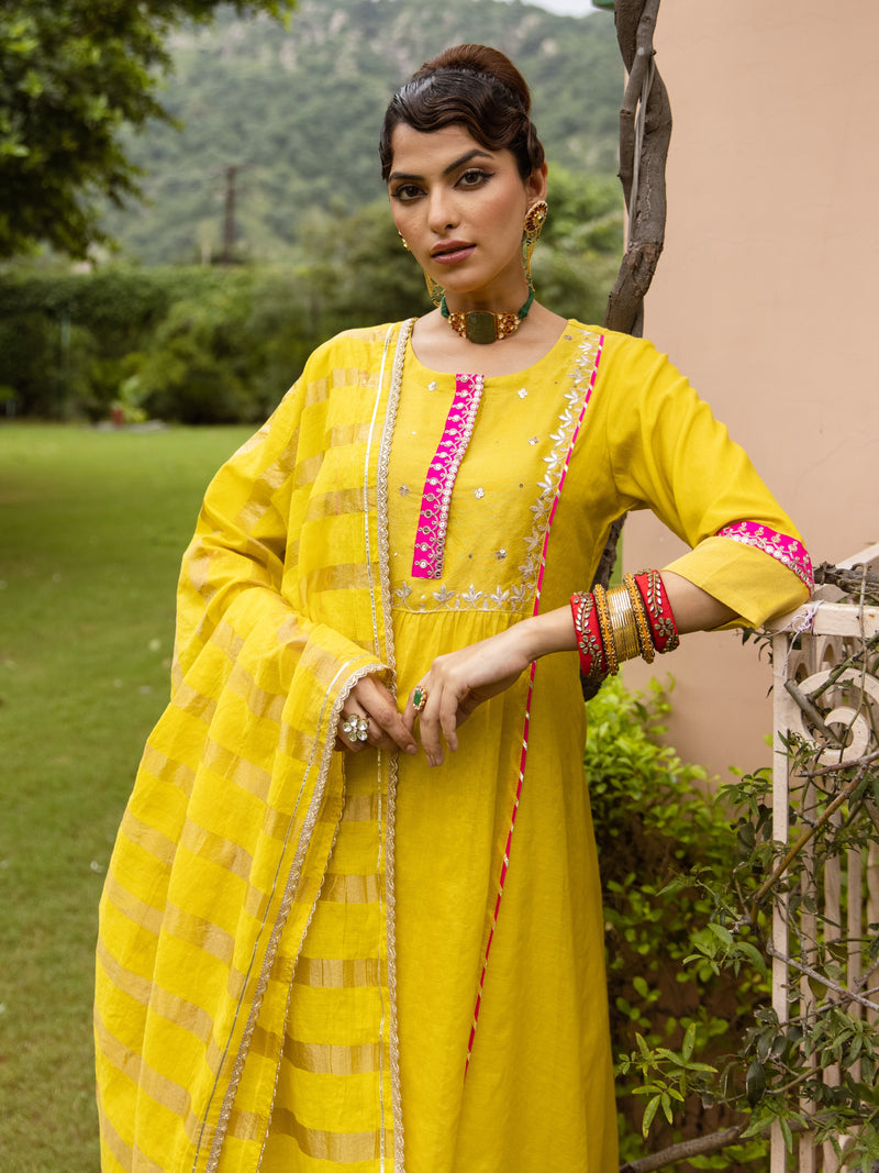Yellow Chanderi Round Neck Complete Suit Set For Women's
