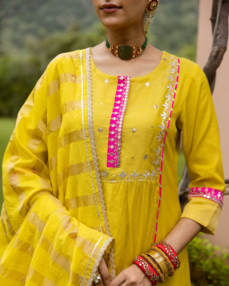 Yellow Chanderi Round Neck Complete Suit Set For Women's
