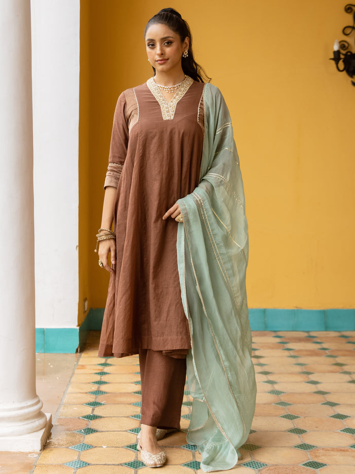 Chocolate Brown Chanderi Complete Suit Set For Women's
