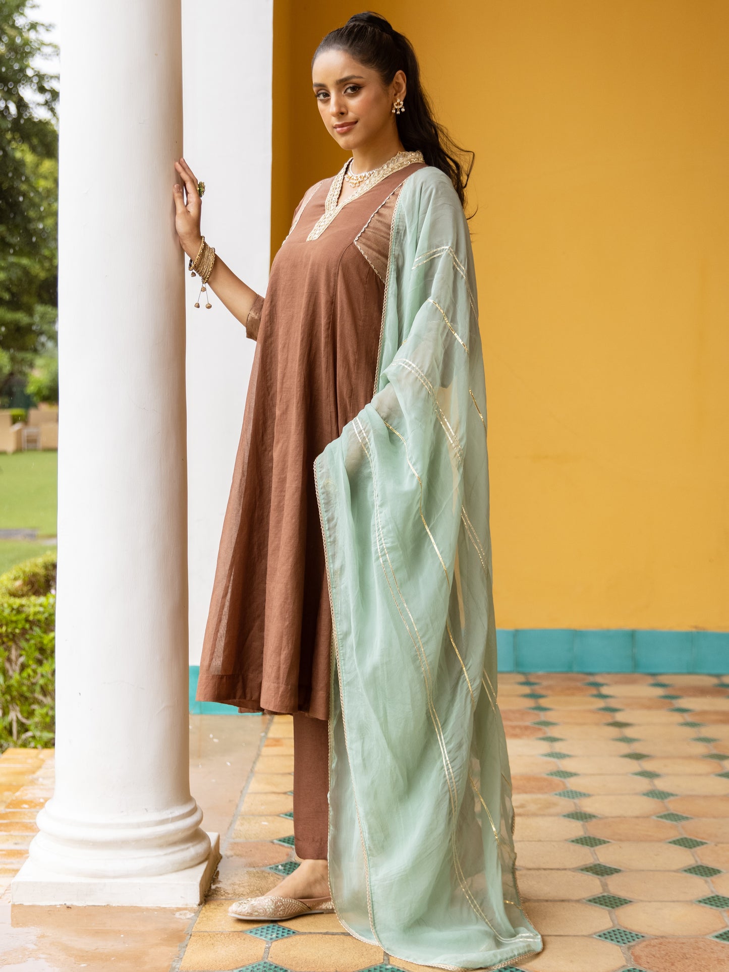 Chocolate Brown Chanderi Complete Suit Set For Women's