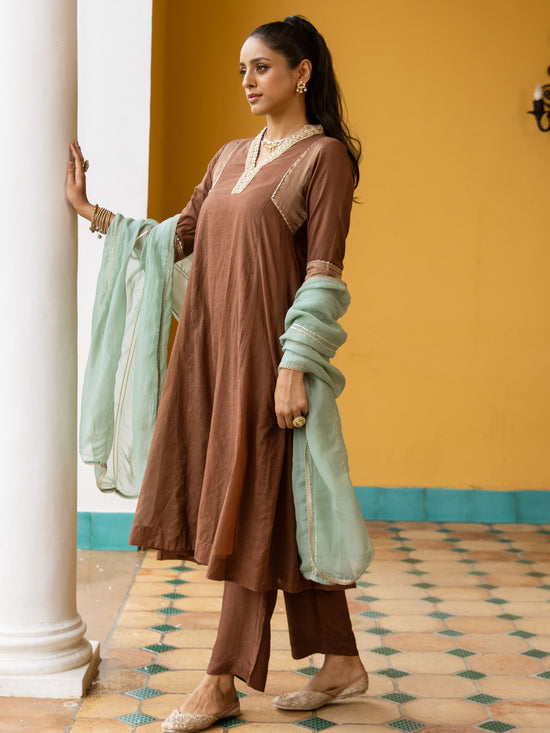 Chocolate Brown Chanderi Complete Suit Set For Women's