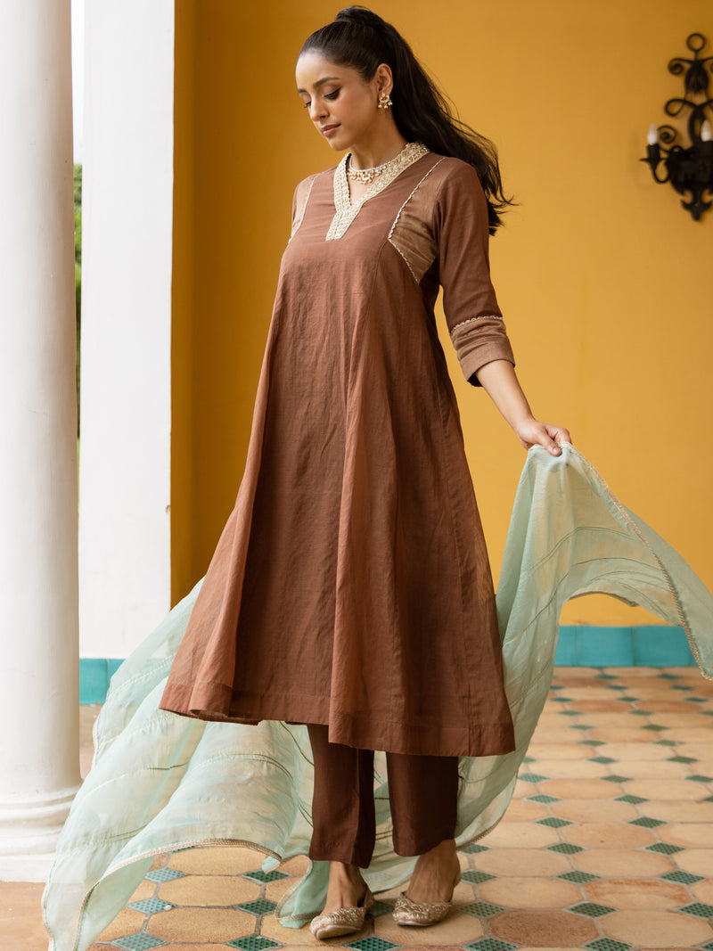 Chocolate Brown Chanderi Complete Suit Set For Women's