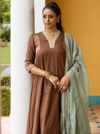 Chocolate Brown Chanderi Complete Suit Set For Women's