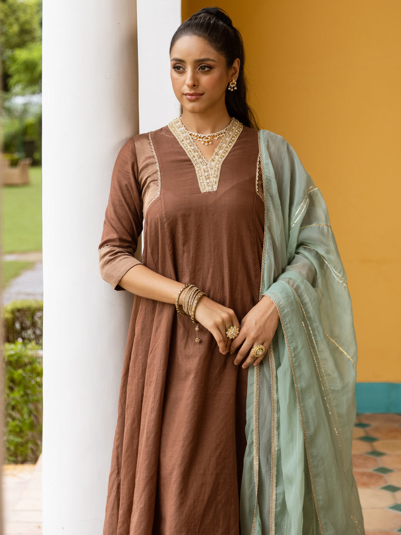Chocolate Brown Chanderi Complete Suit Set For Women's