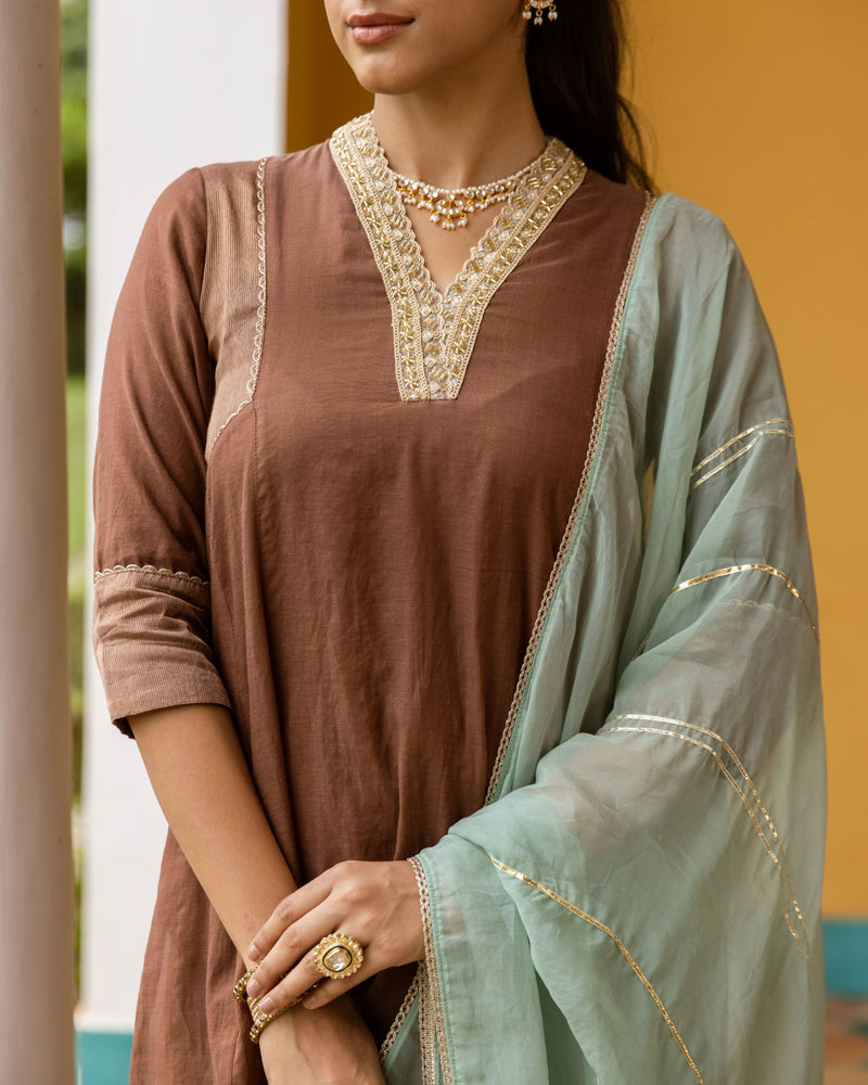 Chocolate Brown Chanderi Complete Suit Set For Women's