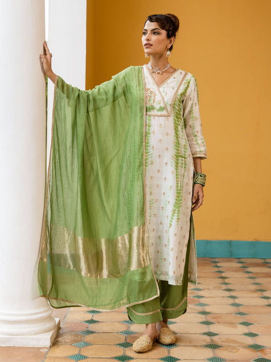White And Green Banarasi Chanderi Silk Complete Suit Set