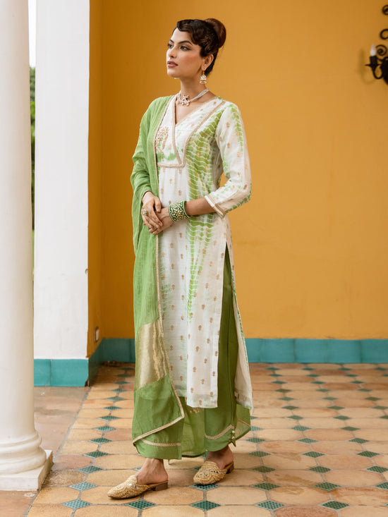 White And Green Banarasi Chanderi Silk Complete Suit Set