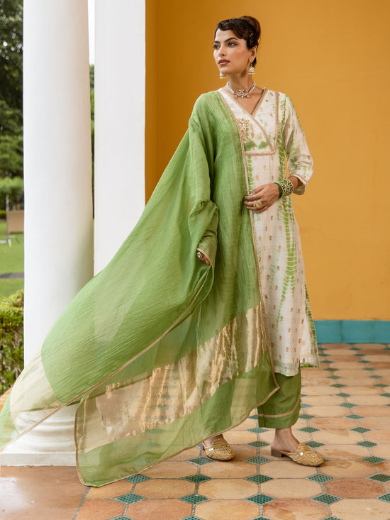 White And Green Banarasi Chanderi Silk Complete Suit Set