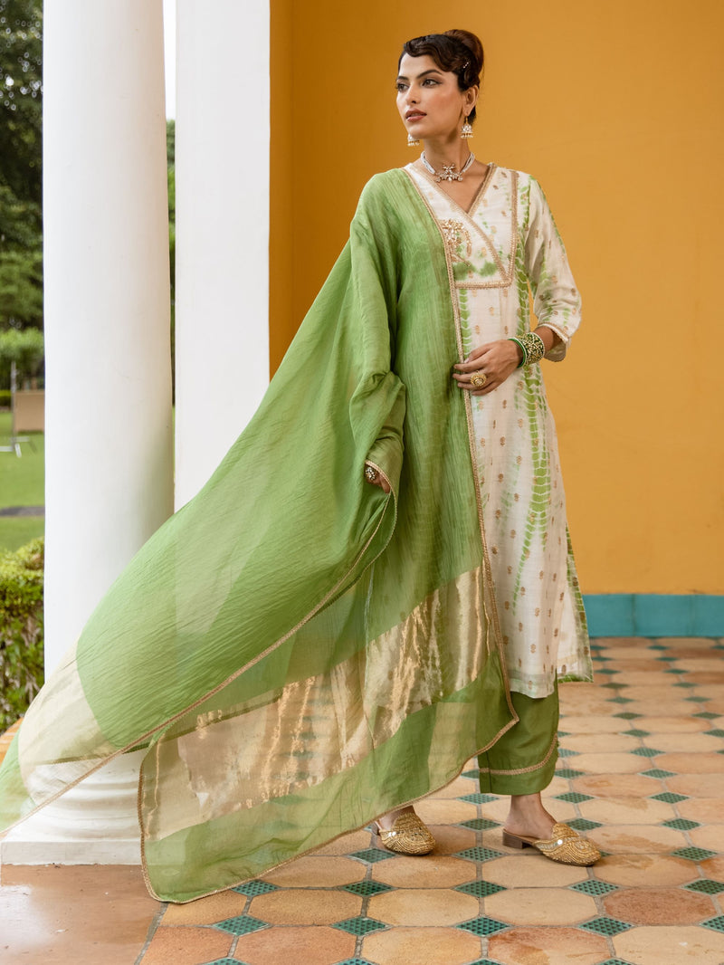 White And Green Banarasi Chanderi Silk Complete Suit Set