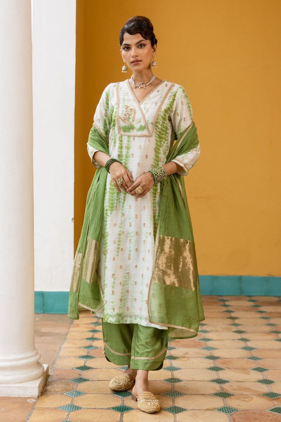 White And Green Banarasi Chanderi Silk Complete Suit Set
