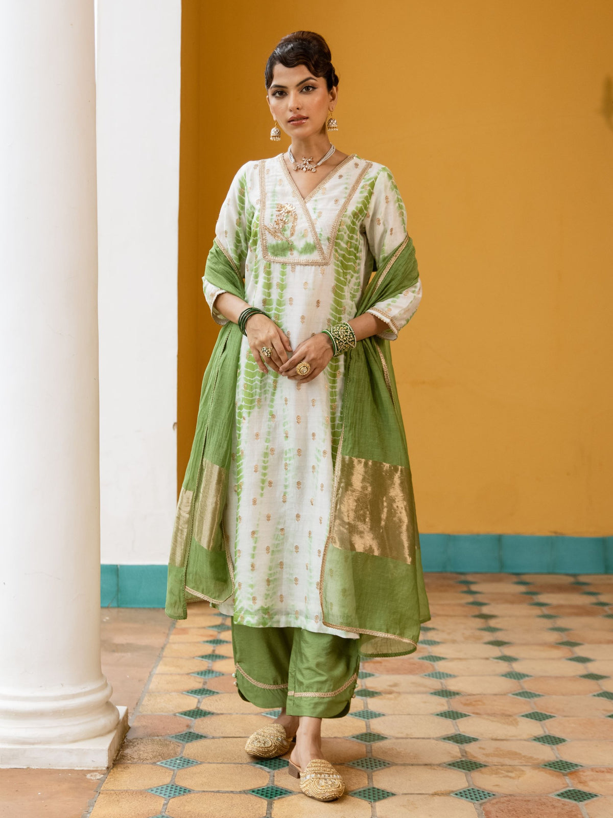 White And Green Banarasi Chanderi Silk Complete Suit Set
