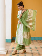 White And Green Banarasi Chanderi Silk Complete Suit Set
