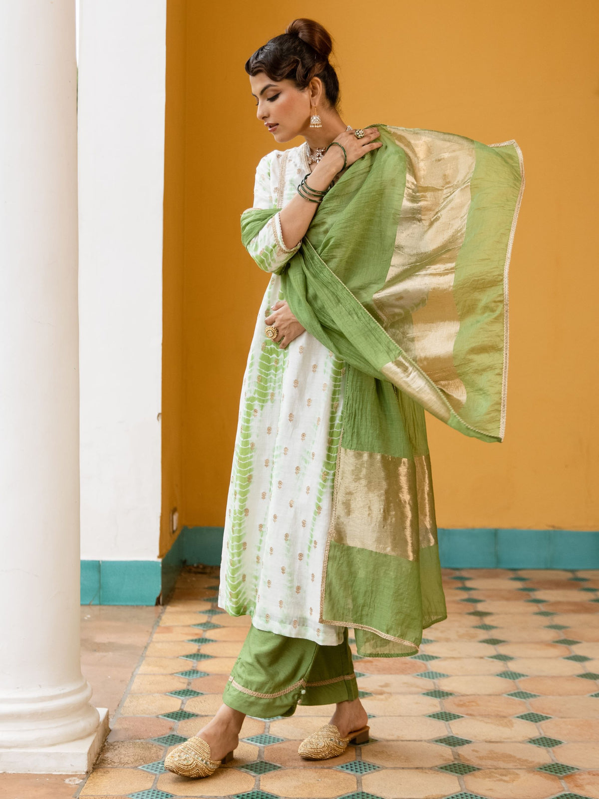 White And Green Banarasi Chanderi Silk Complete Suit Set