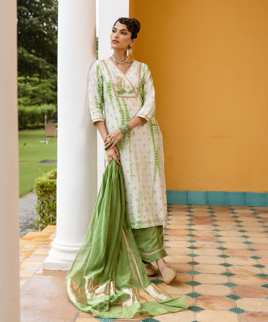 White And Green Banarasi Chanderi Silk Complete Suit Set