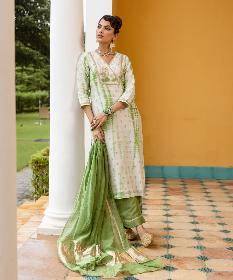 White And Green Banarasi Chanderi Silk Complete Suit Set