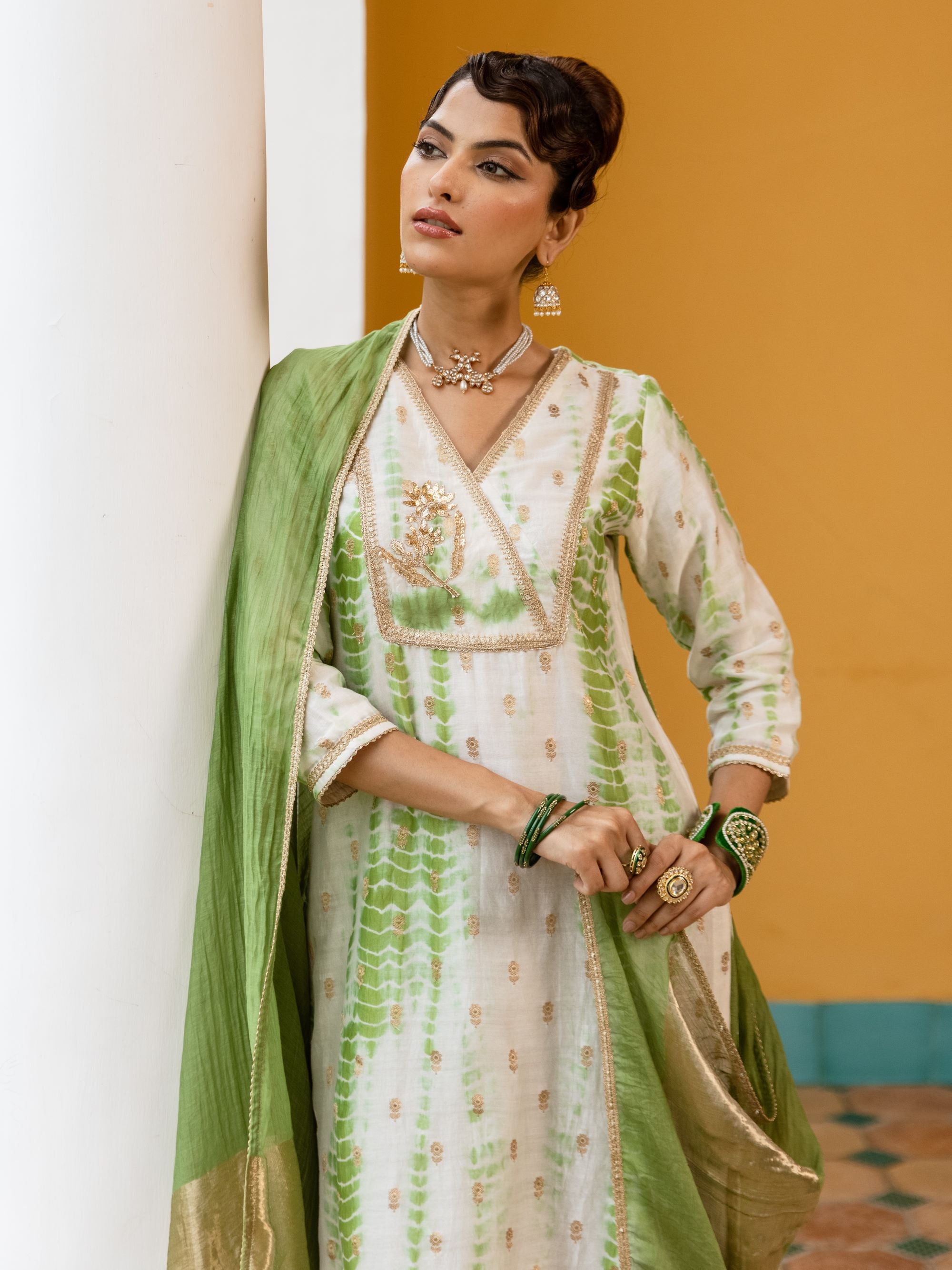 White And Green Banarasi Chanderi Silk Complete Suit Set