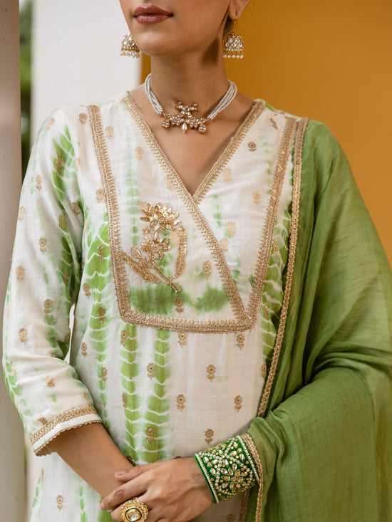 White And Green Banarasi Chanderi Silk Complete Suit Set