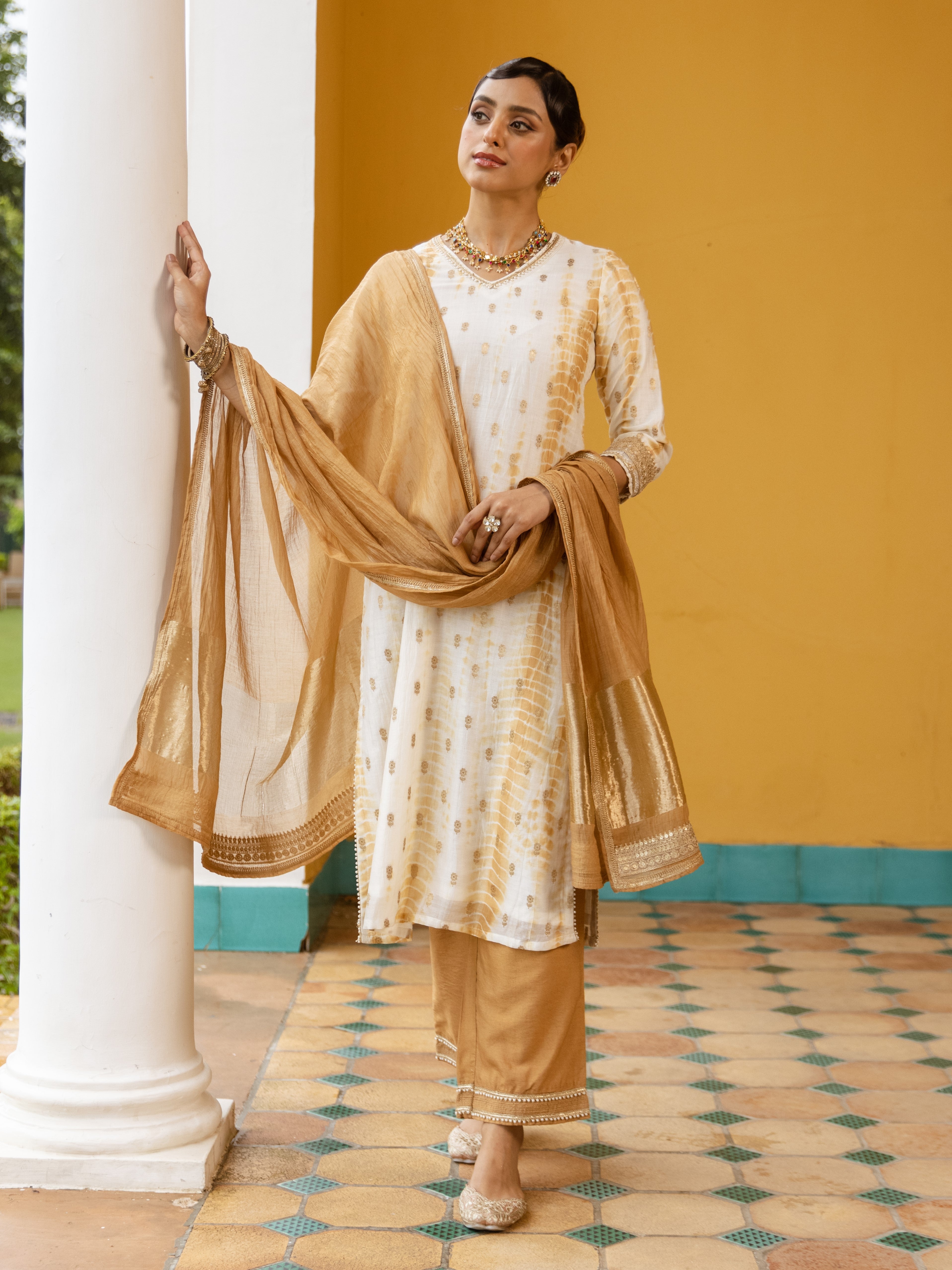 White Tie & Dye Pure Banarasi Silk Complete Suit Set