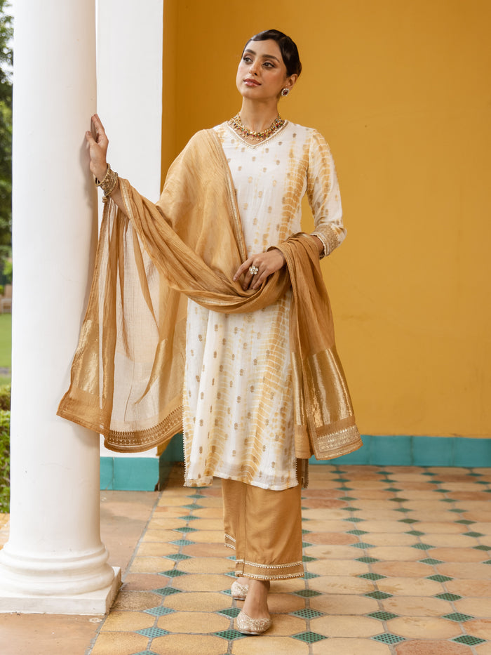 White Tie & Dye Pure Banarasi Silk Complete Suit Set