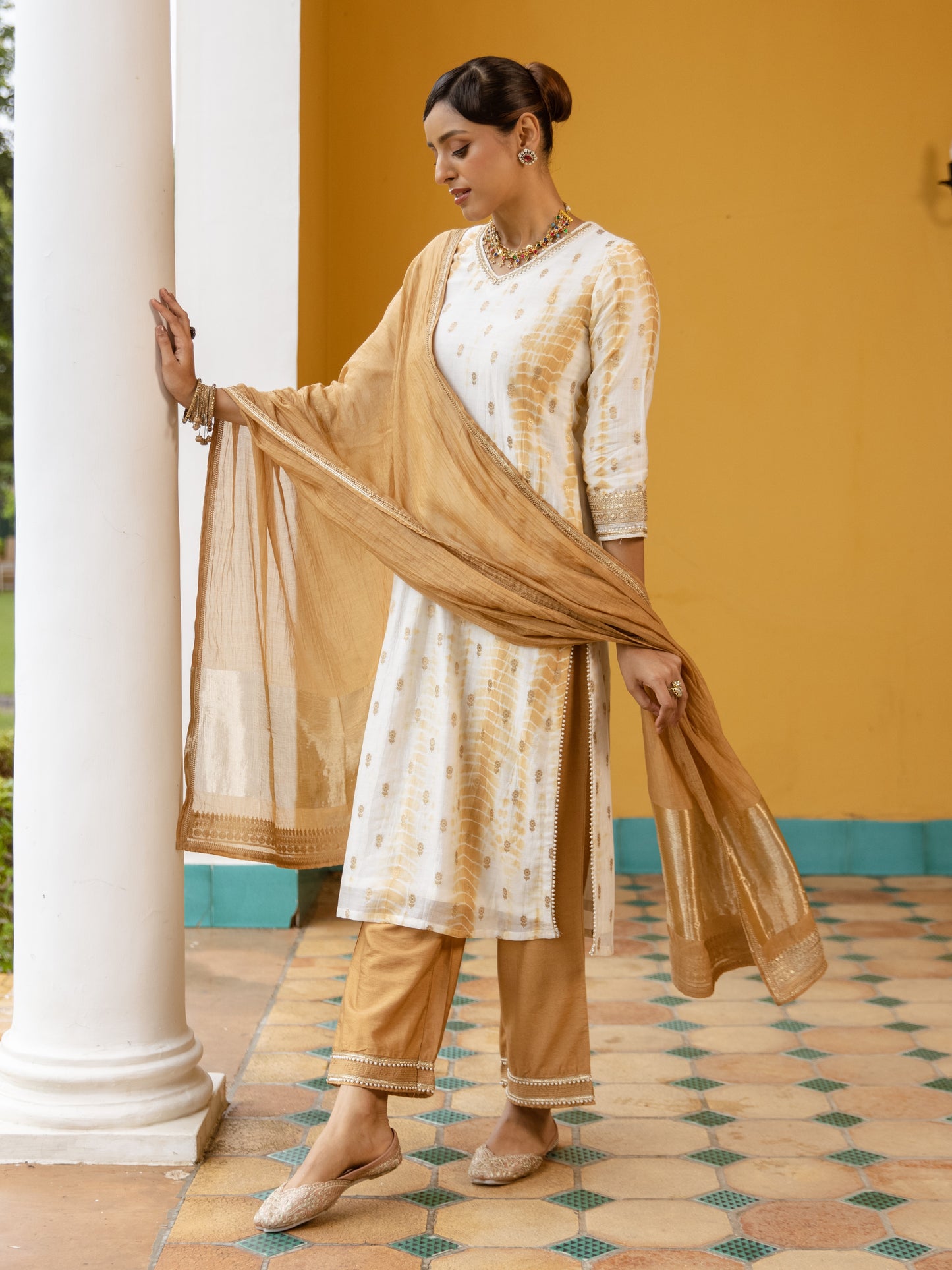 White Tie & Dye Pure Banarasi Silk Complete Suit Set