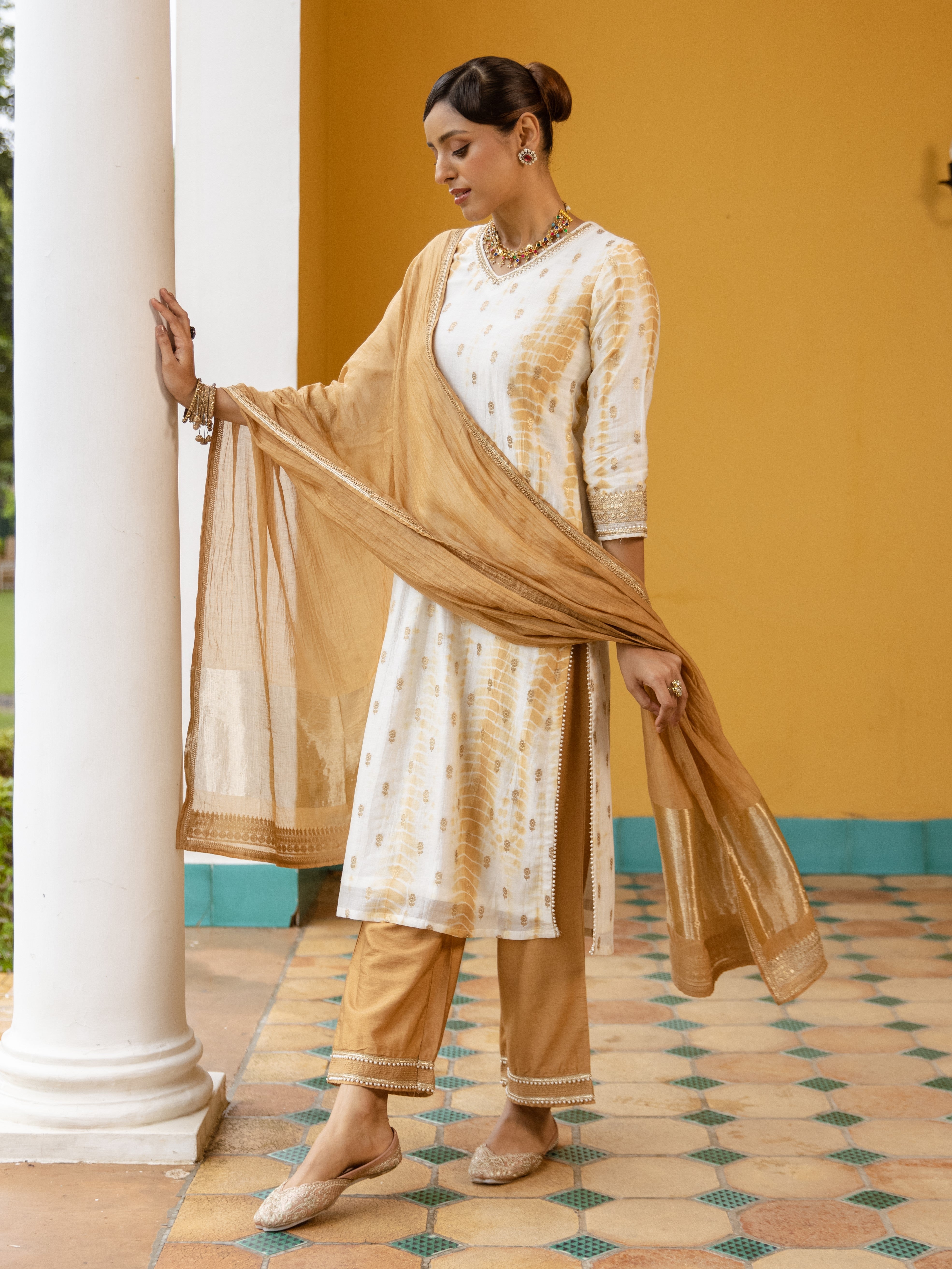 White Tie & Dye Pure Banarasi Silk Complete Suit Set