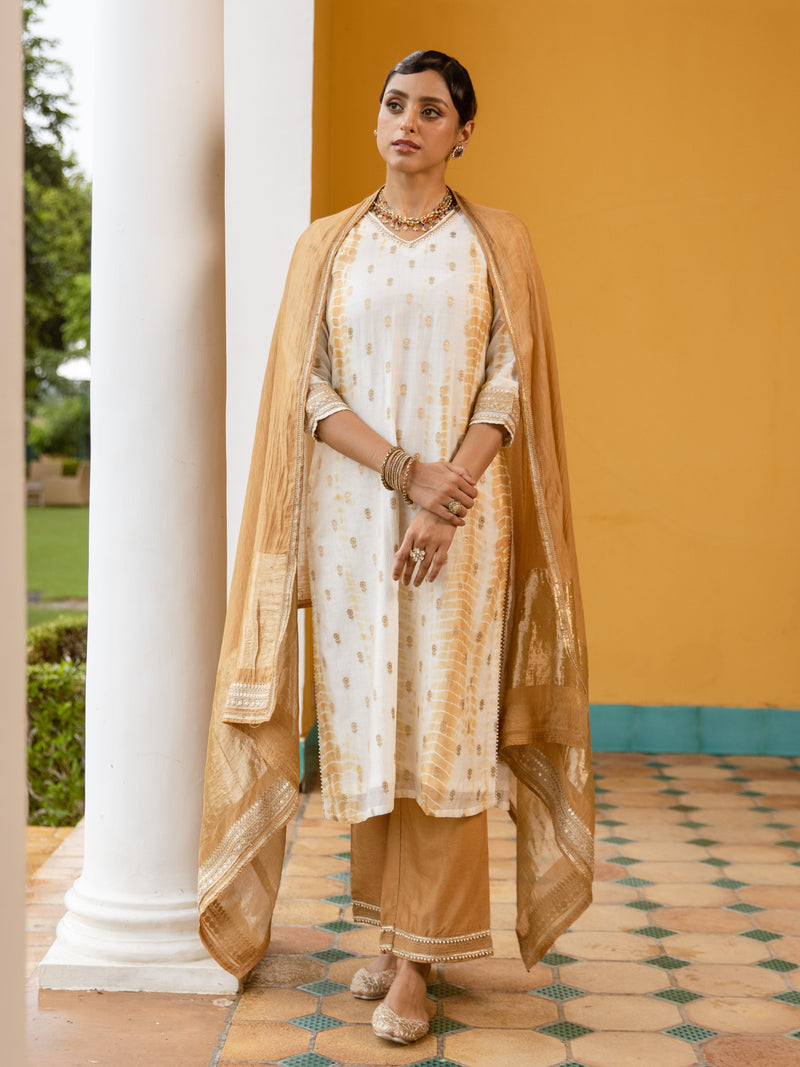 White Tie & Dye Pure Banarasi Silk Complete Suit Set