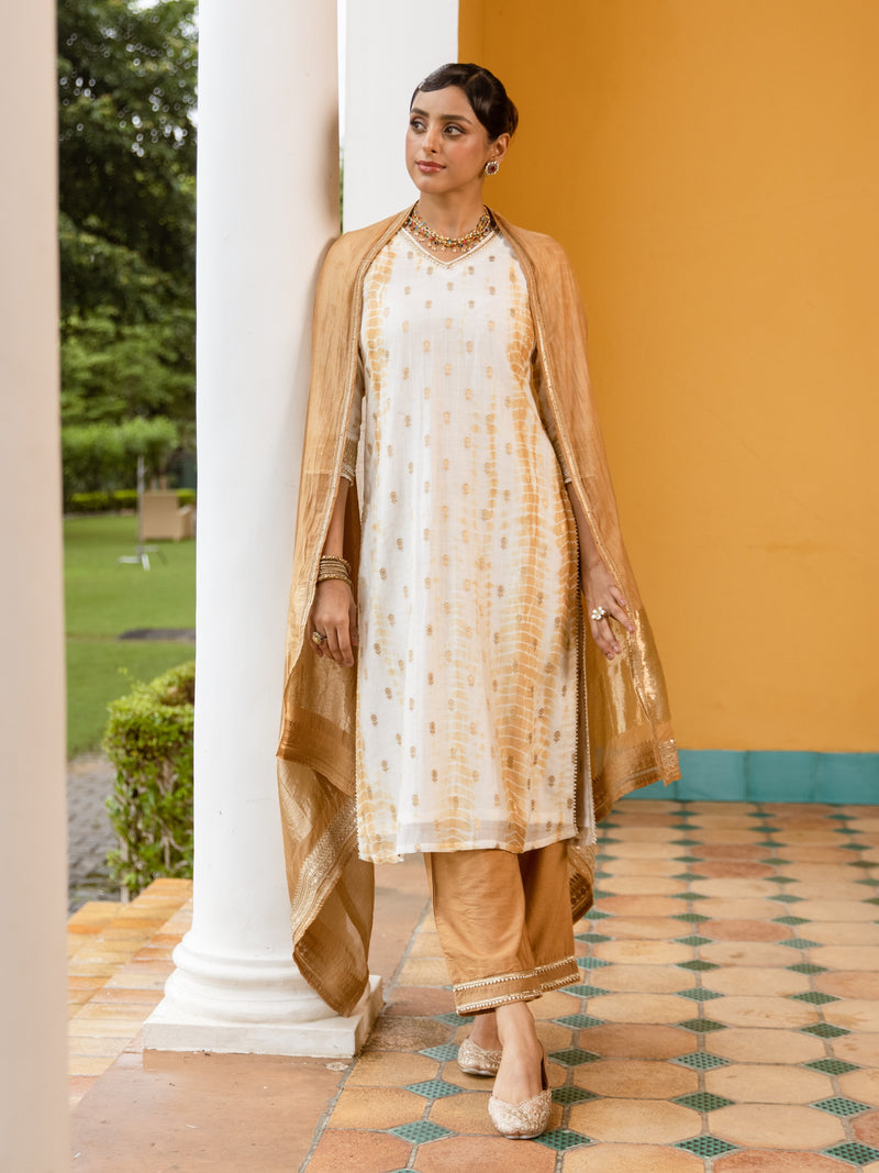 White Tie & Dye Pure Banarasi Silk Complete Suit Set