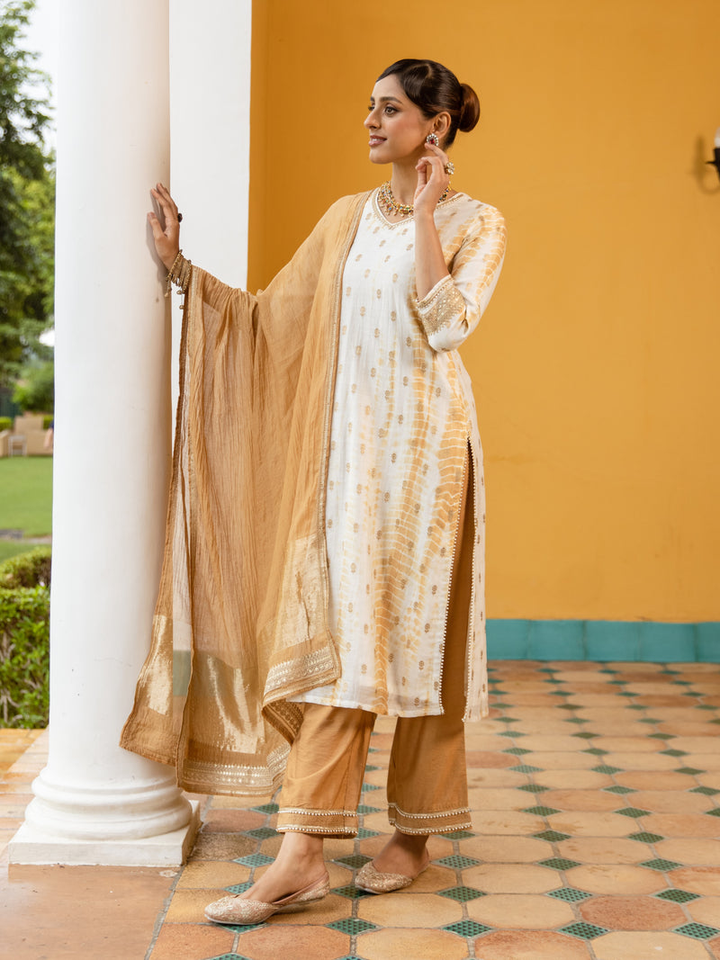 White Tie & Dye Pure Banarasi Silk Complete Suit Set