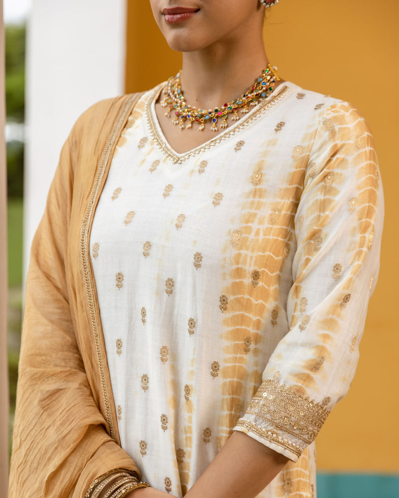 White Tie & Dye Pure Banarasi Silk Complete Suit Set