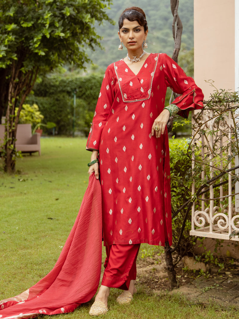 Red Pure Banarasi Chanderi Complete Suit Set For Women's