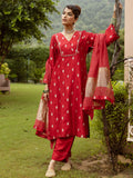 Red Pure Banarasi Chanderi Complete Suit Set For Women's